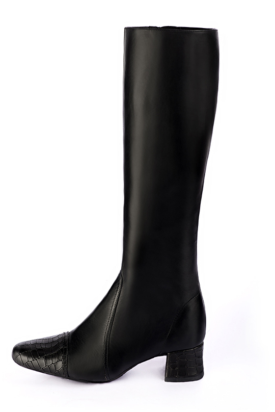 Satin black women's feminine knee-high boots. Round toe. Low flare heels. Made to measure. Profile view - Florence KOOIJMAN